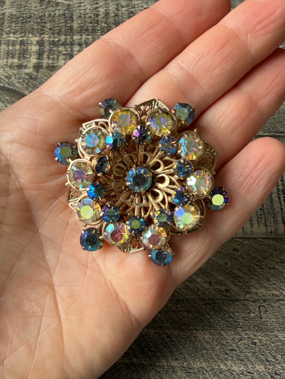 Vintage Aurora Borealis Crystal Flower Brooch